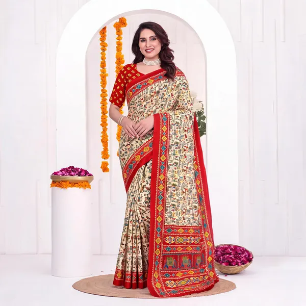 Beige_Printed_Saree_For_Women_Linen_Cotton_Pure_With_Velve_Edition