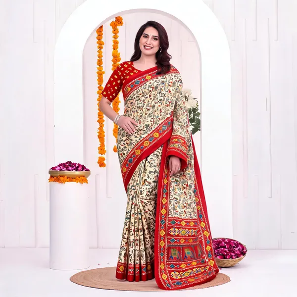 Beige_Printed_Saree_For_Women_Linen_Cotton_Pure_With_Velve_Edition