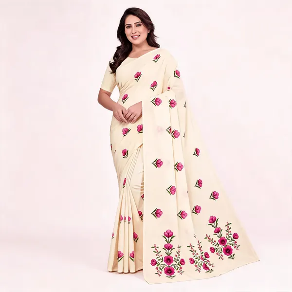 Cream_Floral_Print_Saree_For_Women_Linen_Cotton_Pure_With_Velve_Edition