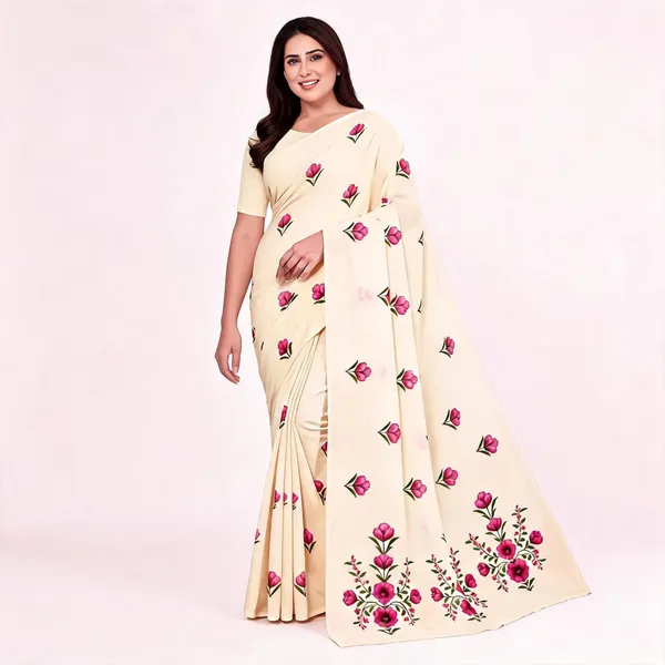 Cream_Floral_Print_Saree_For_Women_Linen_Cotton_Pure_With_Velve_Edition