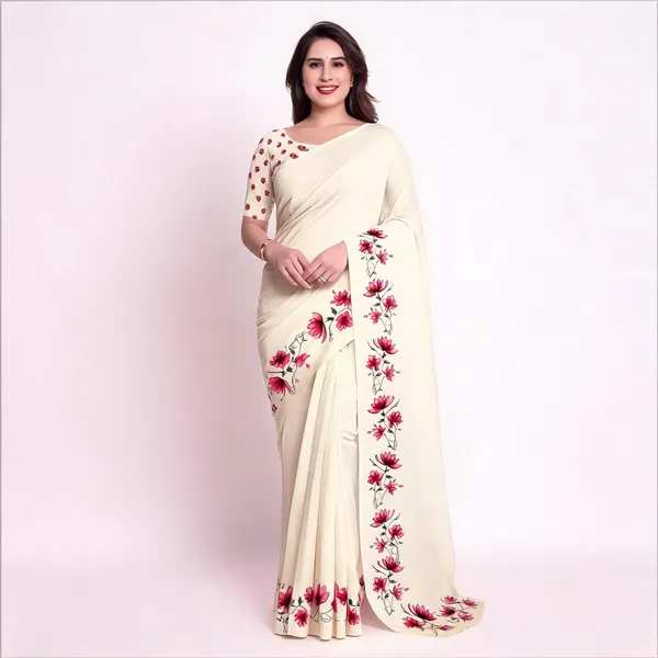 Cream_Floral_Print_Saree_For_Women_Linen_Cotton_Pure_With_Velve_Edition
