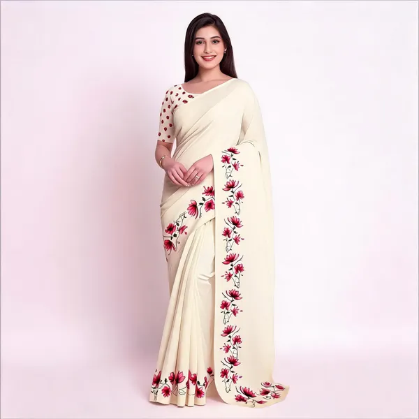 Cream_Floral_Print_Saree_For_Women_Linen_Cotton_Pure_With_Velve_Edition