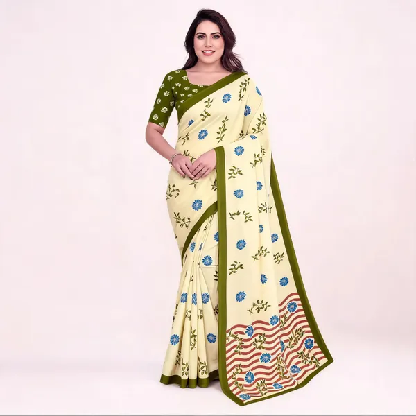Cream_Floral_Print_Saree_For_Women_Linen_Cotton_Pure_With_Velve_Edition