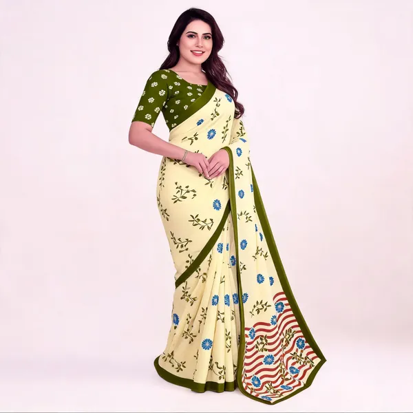 Cream_Floral_Print_Saree_For_Women_Linen_Cotton_Pure_With_Velve_Edition
