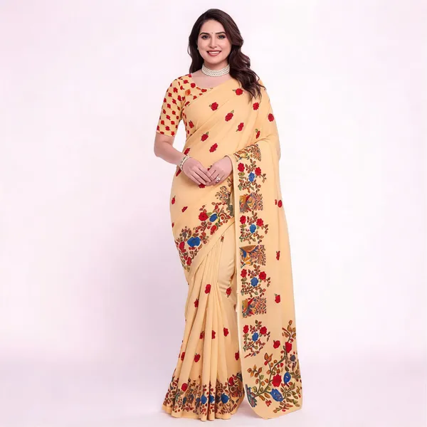 Yellow_Floral_Print_Saree_For_Women_Linen_Cotton_Pure_With_Velve_Edition