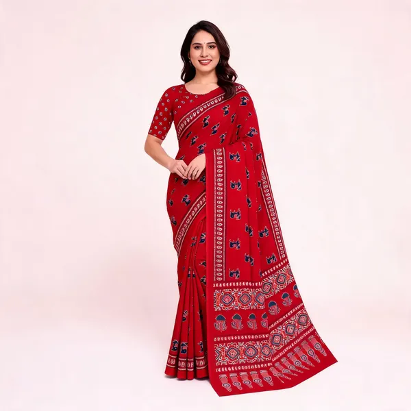 Red_Printed_Ethnic_Saree_For_Women_Linen_Cotton_Pure_With_Velve_Edition