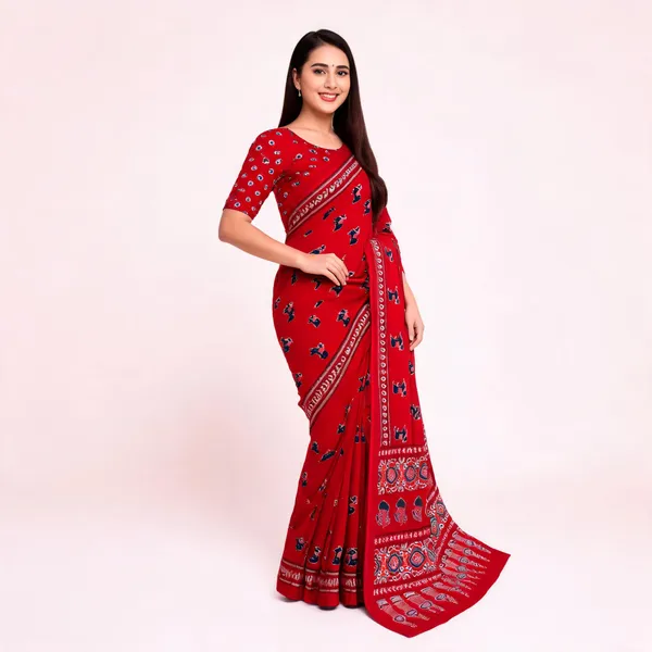 Red_Printed_Ethnic_Saree_For_Women_Linen_Cotton_Pure_With_Velve_Edition