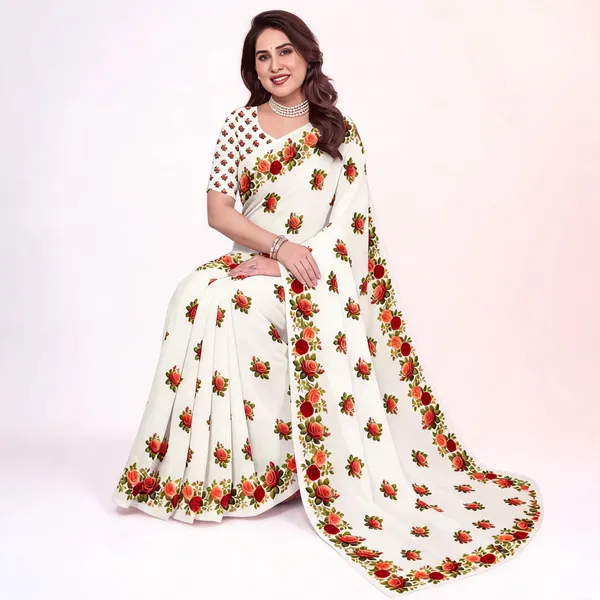 White_Floral_Print_Saree_For_Women_Linen_Cotton_Pure_With_Velve_Edition
