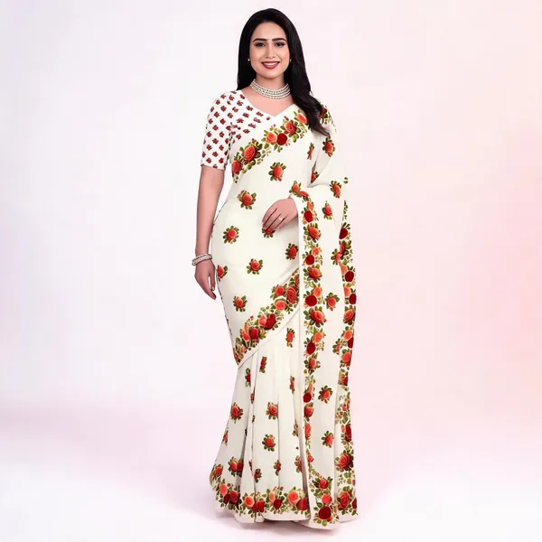 White_Floral_Print_Saree_For_Women_Linen_Cotton_Pure_With_Velve_Edition