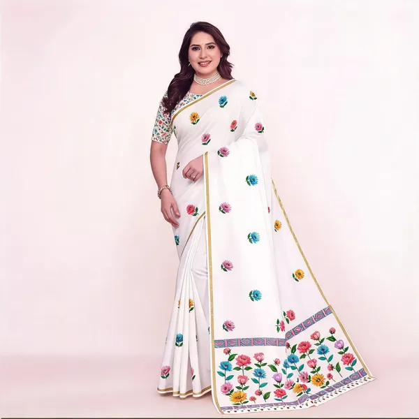 White_Floral_Print_Saree_For_Women_Linen_Cotton_Pure_With_Velve_Edition