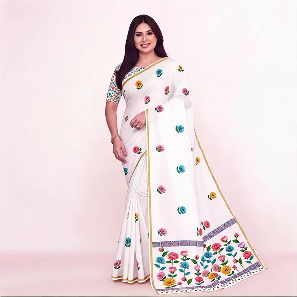 White_Floral_Print_Saree_For_Women_Linen_Cotton_Pure_With_Velve_Edition