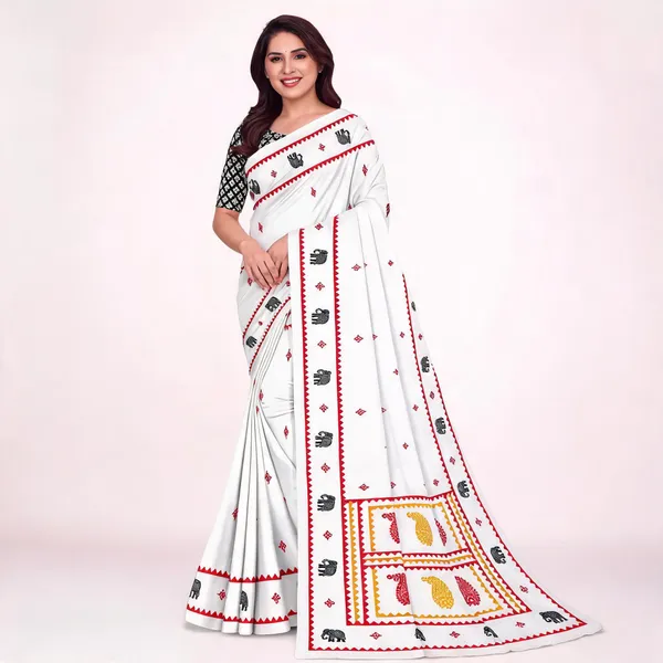 White_Printed_Saree_For_Women_Linen_Cotton_Pure_With_Velve_Edition