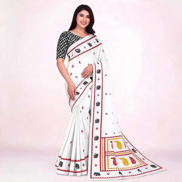 White_Printed_Saree_For_Women_Linen_Cotton_Pure_With_Velve_Edition