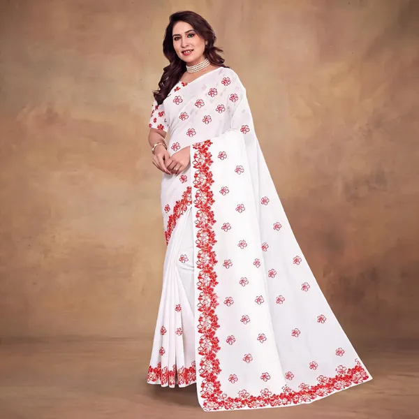 White_Floral_Print_Saree_For_Women_Linen_Cotton_Pure_With_Velve_Edition