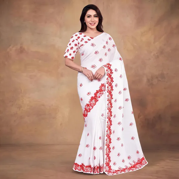 White_Floral_Print_Saree_For_Women_Linen_Cotton_Pure_With_Velve_Edition