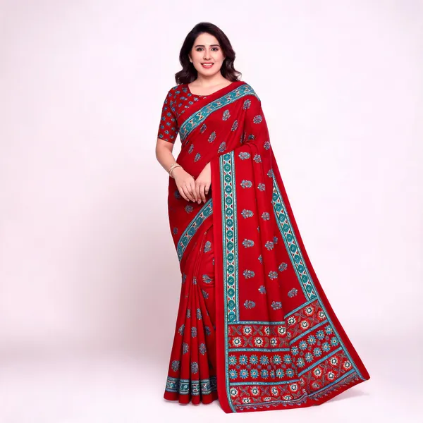 Red_Printed_Saree_For_Women_Linen_Cotton_Pure_With_Velve_Edition