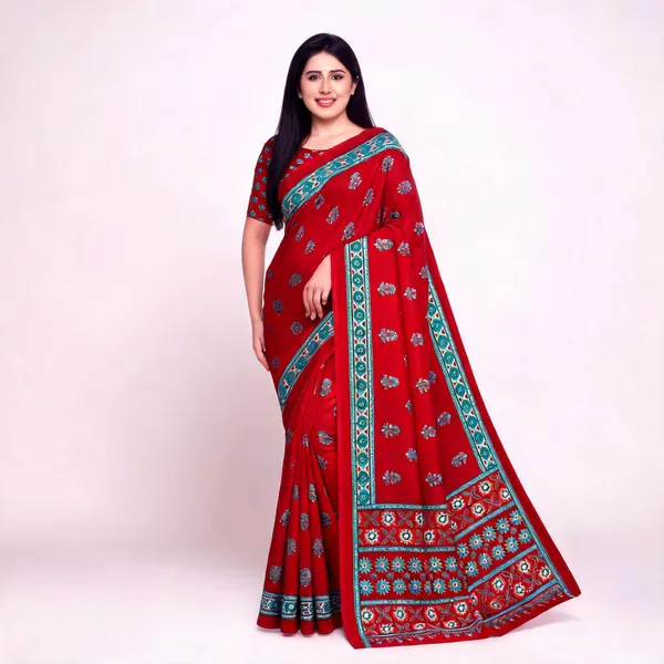 Red_Printed_Saree_For_Women_Linen_Cotton_Pure_With_Velve_Edition