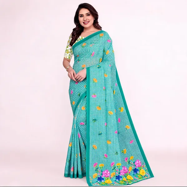 Teal_Checked_Printed_Saree_For_Women_Linen_Cotton_Pure_With_Velve_Edition