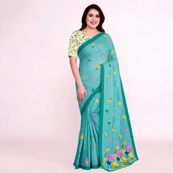Teal_Checked_Printed_Saree_For_Women_Linen_Cotton_Pure_With_Velve_Edition