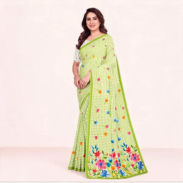 Green_Checked_Printed_Saree_For_Women_Linen_Cotton_Pure_With_Velve_Edition