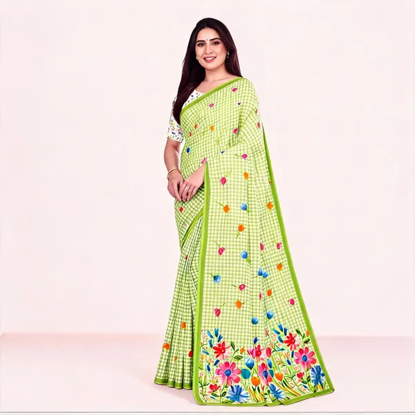 Green_Checked_Printed_Saree_For_Women_Linen_Cotton_Pure_With_Velve_Edition