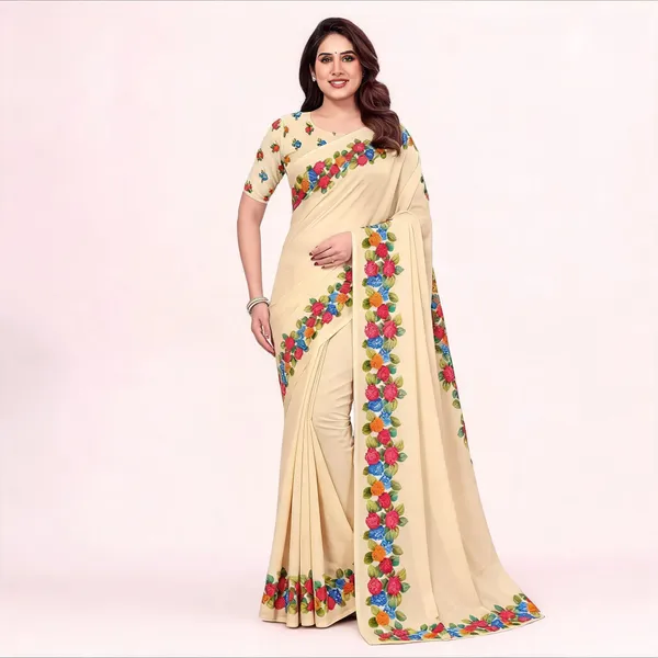 Cream_Floral_Embroidered_Saree_For_Women_Linen_Cotton_Pure_With_Velve_Edition