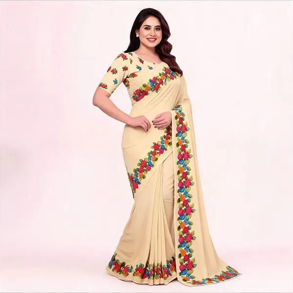Cream_Floral_Embroidered_Saree_For_Women_Linen_Cotton_Pure_With_Velve_Edition