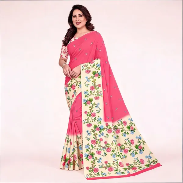 Pink_Floral_Print_Saree_For_Women_Linen_Cotton_Pure_With_Velve_Edition