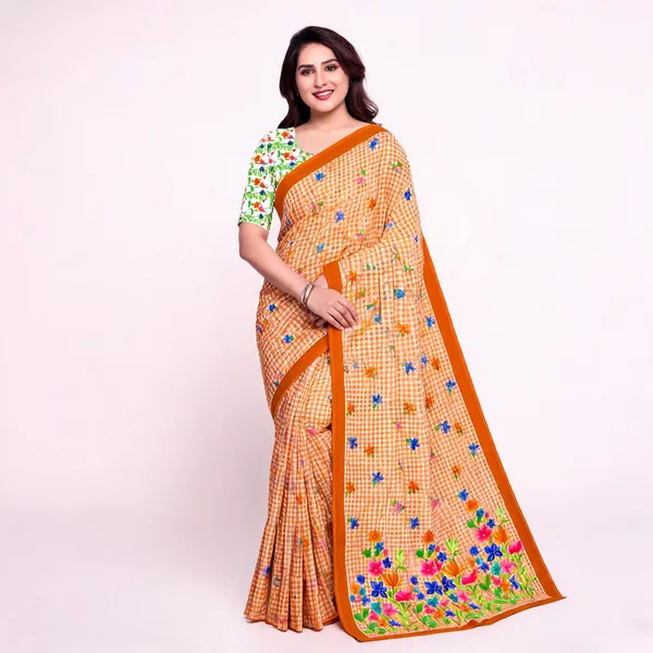 Orange_Checked_Floral_Saree_For_Women_Linen_Cotton_Pure_With_Velve_Edition