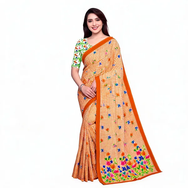 Orange_Checked_Floral_Saree_For_Women_Linen_Cotton_Pure_With_Velve_Edition