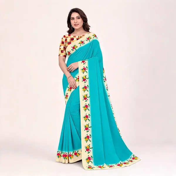 Turquoise_Floral_Border_Saree_For_Women_Linen_Cotton_Pure_With_Velve_Edition