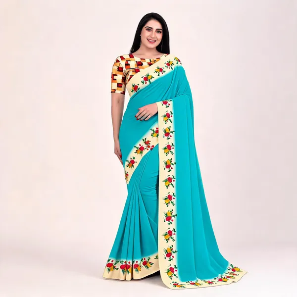Turquoise_Floral_Border_Saree_For_Women_Linen_Cotton_Pure_With_Velve_Edition