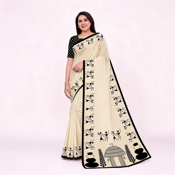 Cream_Printed_Saree_For_Women_Linen_Cotton_Pure_With_Velve_Edition