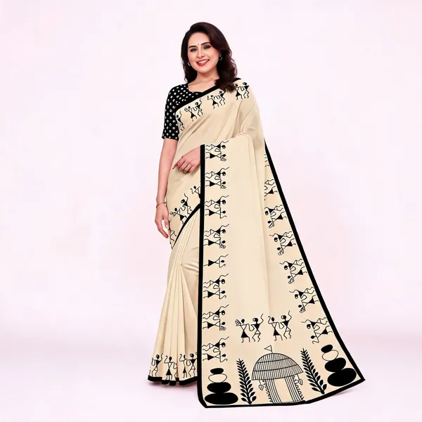 Cream_Printed_Saree_For_Women_Linen_Cotton_Pure_With_Velve_Edition