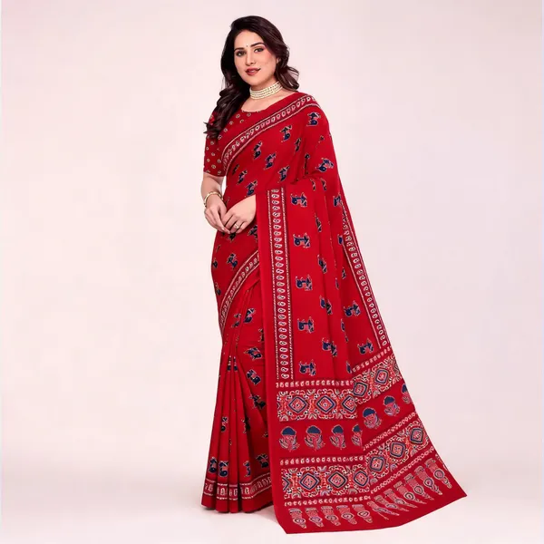 Red_Printed_Saree_For_Women_Linen_Cotton_Pure_With_Velve_Edition
