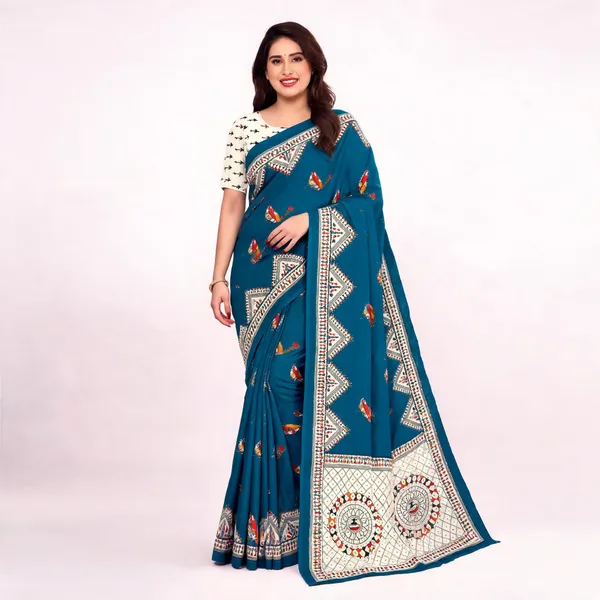 Teal_Printed_Saree_For_Women_Linen_Cotton_Pure_With_Velve_Edition