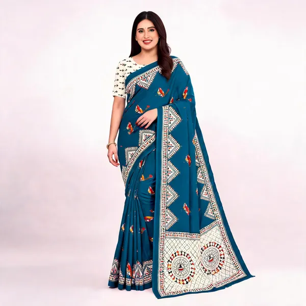 Teal_Printed_Saree_For_Women_Linen_Cotton_Pure_With_Velve_Edition