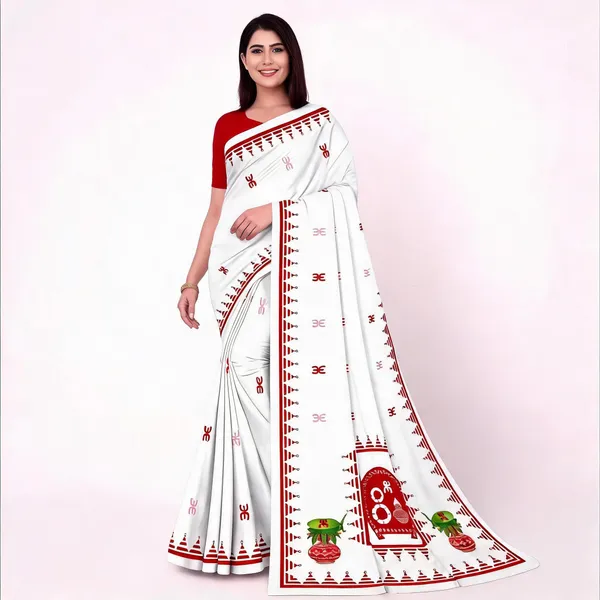White_Printed_Saree_For_Women_Linen_Cotton_Pure_With_Velve_Edition