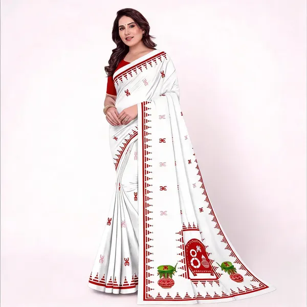 White_Printed_Saree_For_Women_Linen_Cotton_Pure_With_Velve_Edition