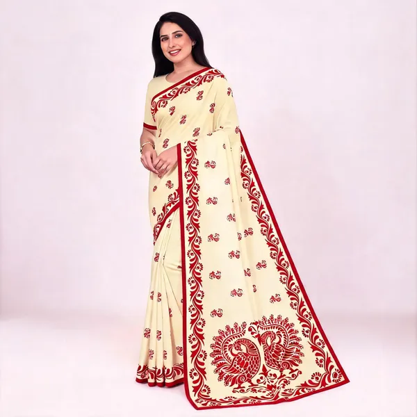 Cream_Printed_Saree_For_Women_Linen_Cotton_Pure_With_Velve_Edition