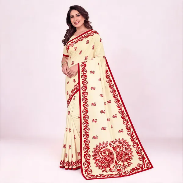 Cream_Printed_Saree_For_Women_Linen_Cotton_Pure_With_Velve_Edition