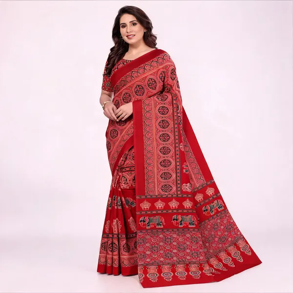 Red_Printed_Saree_For_Women_Linen_Cotton_Pure_With_Velve_Edition