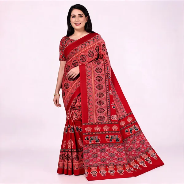 Red_Printed_Saree_For_Women_Linen_Cotton_Pure_With_Velve_Edition
