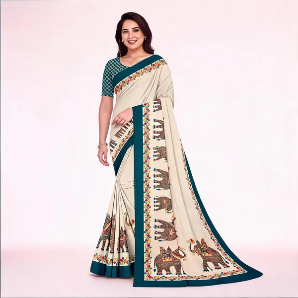 Cream_Printed_Saree_For_Women_Linen_Cotton_Pure_With_Velve_Edition