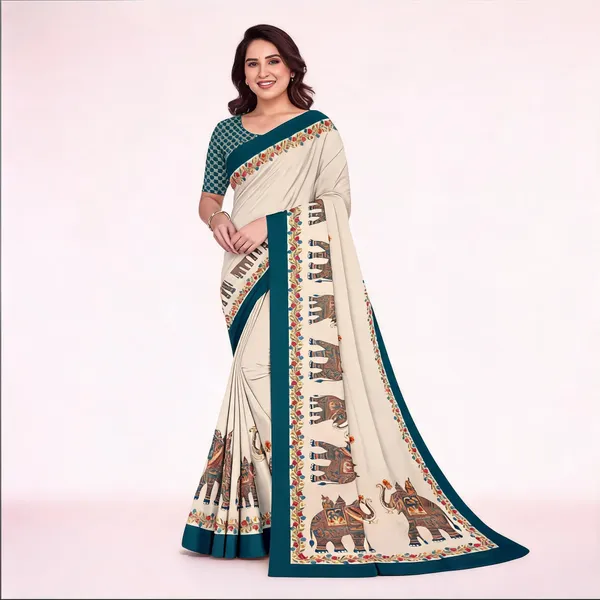 Cream_Printed_Saree_For_Women_Linen_Cotton_Pure_With_Velve_Edition