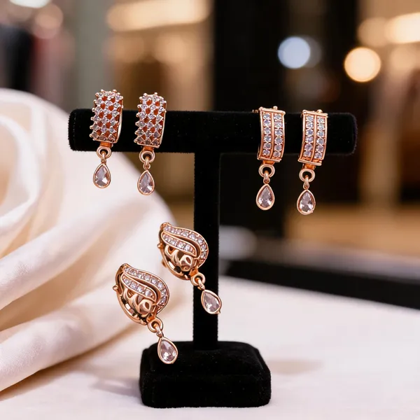 Rose_Gold_Brass_Crystal_Teardrop_Drop_Earrings_Set_For_Women