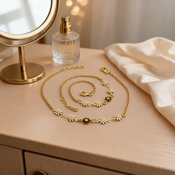 Gold_Tone_Brass_Floral_Charm_Necklace_And_Bracelet_Set_For_Women