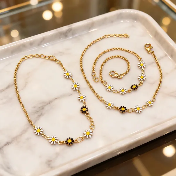 Gold_Tone_Brass_Floral_Charm_Necklace_And_Bracelet_Set_For_Women