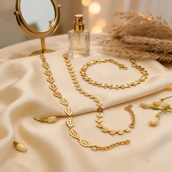 Gold_Brass_Leaf_Floral_Link_Bracelet_Set_For_Women
