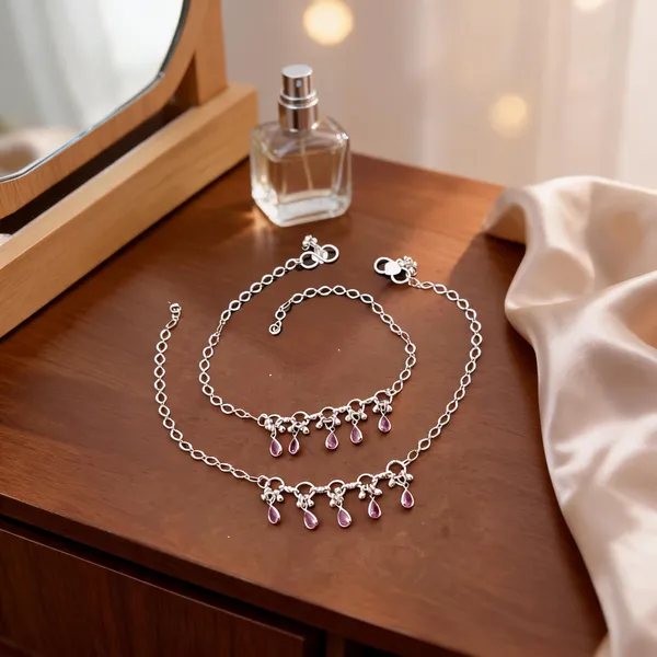 Silver_Brass_Purple_Floral_Charm_Anklets_For_Women